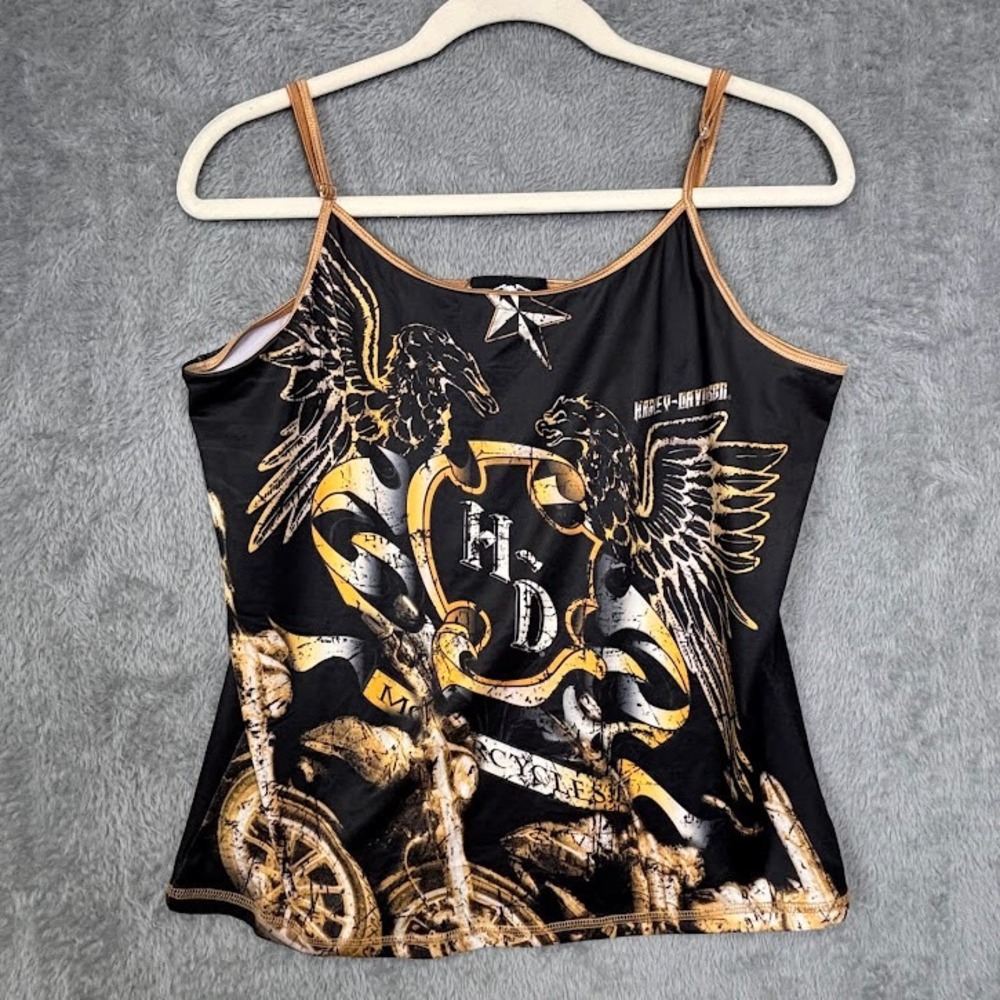 Harley-Davidson Womens‎ Graphic Cami Tank Top Black Gold Eagle 2006 Grunge Moto